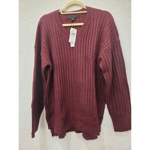 Sanctuary XL V-Neck Sweater Burgundy Red Ribbed Knit Pullover Long Sleeve Womens